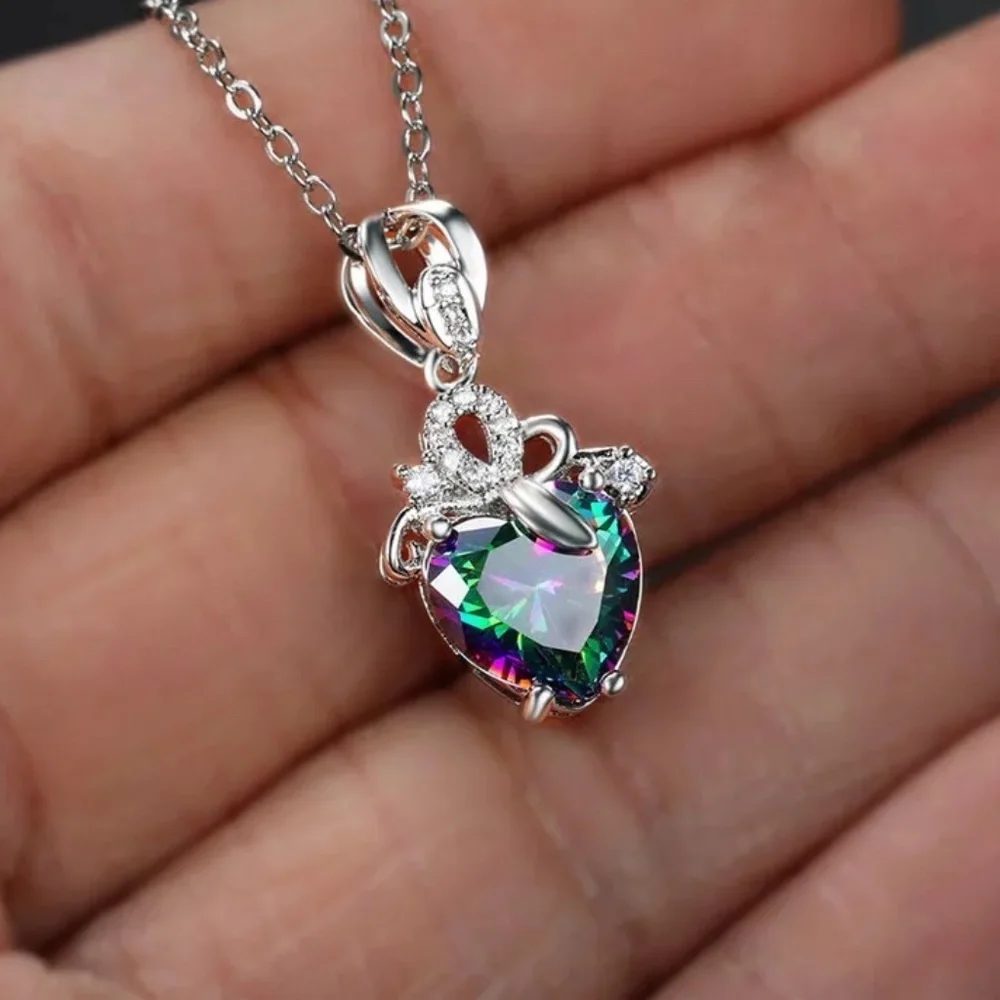 Sterling Silver Rainbow Zircon Stone Multicolor Pendant Necklace